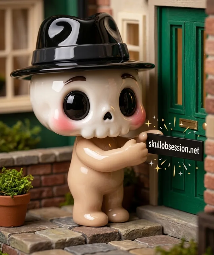 陶器のドクロが skullobsession.net と書かれた札を緑の扉に掲げている
