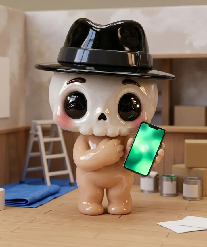 陶器のドクロがスマホを手に持っている